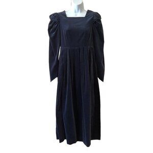 Laura Ashley Velvet Prairie Dress Size 8 Navy Blue Long Sleeves Button Back 80s